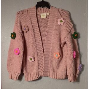Maeve Anthropologie Chunky 3D Flower Knit Cardigan O/S‎ Pink Sweater Has Flaw